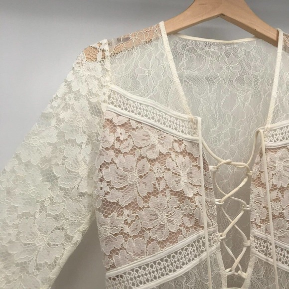 Express Dress Womens 6 Ivory Lace Semi Sheer Cut Out Deep V Neck Lace Mini Boho - Picture 3 of 12